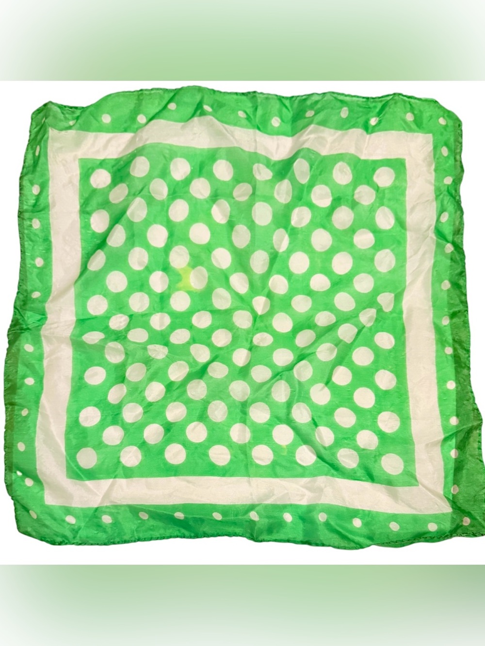 Vintage Sheer Hand Rolled Silk Polka Dot Scarf in Green and White, 16” Square